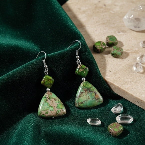 Handmade Jewelry - Natural Green Stone Drop Earrings